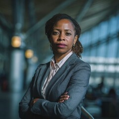 Fototapeta premium Confident black businesswoman portrait in modern office, African American professional woman smiling and looking at camera, corporate success concept