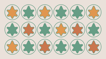 Pattern of orange and green six pointed stars inside circles arranged in rows on a light background