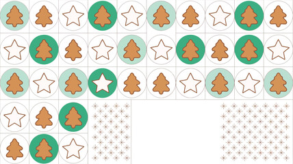 A christmas pattern with trees and stars in circles on a grid with snowflakes in the corner area