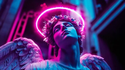 Neoclassical statue of winged being, adorned with luminous magenta halo and floral crown, bathed in striking neon blue and pink ambient light, evoking futuristic ethereal aesthetic - Powered by Adobe