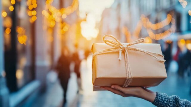 Hand presenting natural brown paper gift box adorned with twine, against shimmering golden glow of festive urban promenade