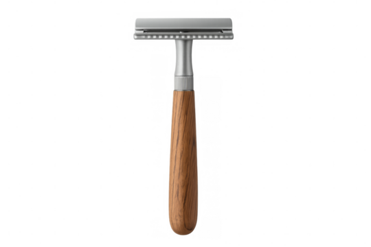 Safety razor with wooden handle on transparent background