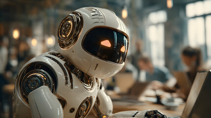 robot working in the office close up. team working on laptop in the office. artificial intelligence. AI generated