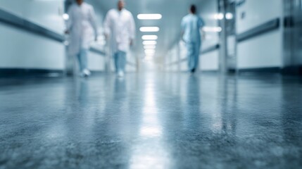 Blurred medical professionals walk down a brightly lit modern hospital corridor with a polished floor