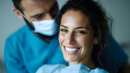 A happy and healthy woman with a bright white smile is closely examined by a masked dentist in a professional clinic setting