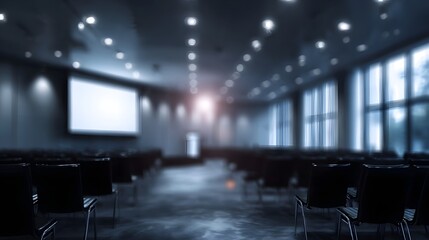 An empty modern conference hall set up for a presentation with rows of chairs a stage screen and podium