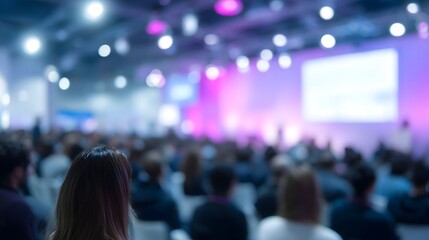 An audience attends a vibrant presentation event in a modern conference hall with colorful stage lighting