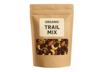 Organic trail mix in a stand-up pouch, displaying a healthy snack