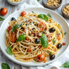 Photo of delicious spaghetti with tomatoes and olives in a white cooking pot