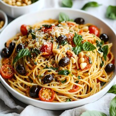 Photo of delicious spaghetti with tomatoes and olives in a white cooking pot