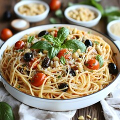 Photo of delicious spaghetti with tomatoes and olives in a white cooking pot