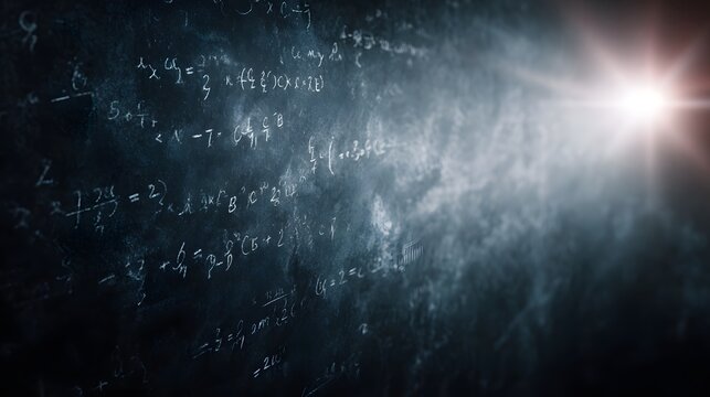 Complex mathematical formulas are inscribed on a dark blackboard illuminated by a bright light source creating a sense of discovery