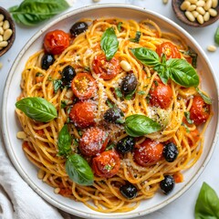 Photo of delicious spaghetti with tomatoes and olives in a white cooking pot