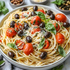 Photo of delicious spaghetti with tomatoes and olives in a white cooking pot