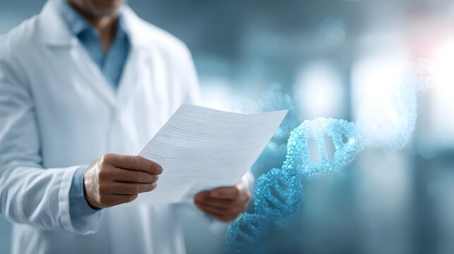 A scientist in a lab coat examines a genetic research document with a DNA helix graphic