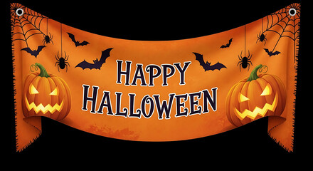 Spooky halloween banner with carved pumpkins bats and spiders for festive decoration