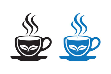 Vector art of two steaming cups of coffee or tea, one black and one blue, with leaf design 
