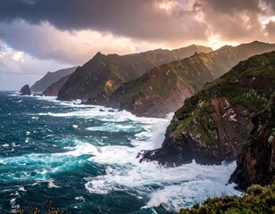 Dramatic Coastal Cliffs with Ocean Waves at Sunset