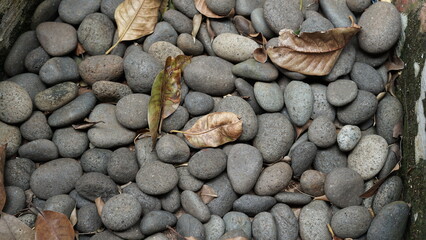 small pebbles or small river stones, arranged in front of the house, usually for foot therapy, white, brown and black in color