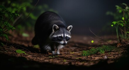 Obraz premium A raccoon forages in the forest, its fur blending with the shadows of the undergrowth