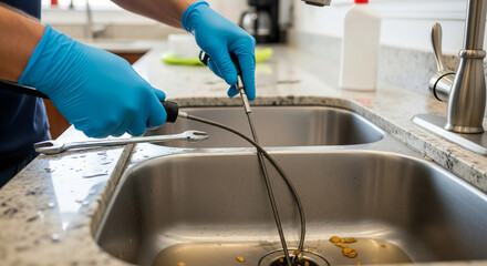 Plumber cleaning clogged sink drain in kitchen. Close-up
