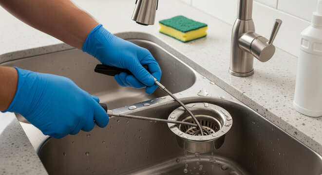 Plumber cleaning clogged sink drain in kitchen. Close-up