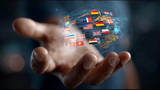 Businessman holding a digital hologram of planet earth with flags of different countries rotating, symbolizing global communication, international relations, and world affairs
