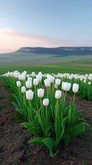 Side Angle View of White Tulips Growing in Field under Blue Sky