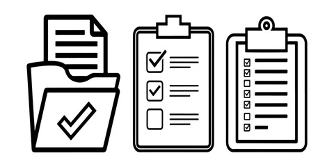 set of paper document and clipboard icon thin line style. Paper icons, File icons. clipboard document page with check mark, magnifier, pencil icon. vector illustration.