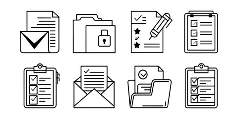 set of paper document and clipboard icon thin line style. Paper icons, File icons. clipboard document page with check mark, magnifier, pencil icon. vector illustration.