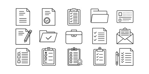set of paper document and clipboard icon thin line style. Paper icons, File icons. clipboard document page with check mark, magnifier, pencil icon. vector illustration.