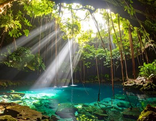 Sunbeams illuminate a hidden jungle pool and waterfall, creating a serene and mystical atmosphere