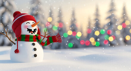 Obraz premium Joyful snowman wearing a red hat and scarf with colorful christmas lights in background