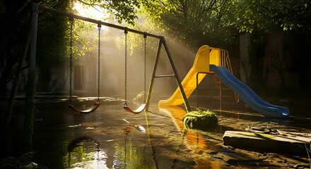 Sunlight streams through trees onto an old, abandoned playground with a swing set and slide, partially submerged in water, creating a surreal and melancholy scene
