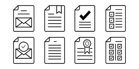 set of paper document and clipboard icon thin line style. Paper icons, File icons. clipboard document page with check mark, magnifier, pencil icon. vector illustration.