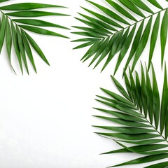 Lush green palm fronds arranged on white background, creating a frame