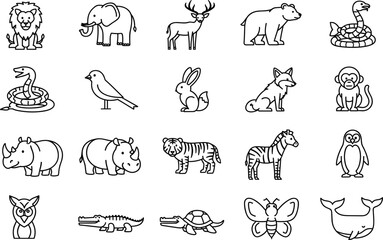 Animal cartoon icons, wildlife vector set, black and white illustrations, zoo animals, educational clipart, kids learning, nature graphics, silhouette pack