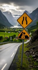 A scenic road winds through a Norwegian valley with mountain peaks, a fjord, and a road narrowing and falling rock warning signs