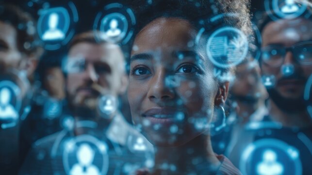 Social media campaign, glowing holographic icons floating around diverse marketing team, futuristic engagement strategy. - Powered by Adobe