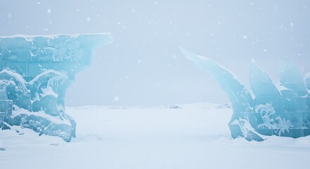 A majestic fantasy border of sculpted blue ice stands against a desolate, snowy arctic landscape during a fierce blizzard