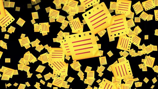 Floating yellow notepads on a black background, creating a visually appealing pattern.