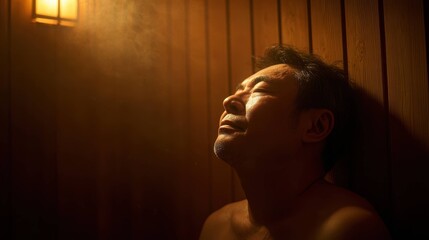 サウナで目を閉じて気持ちよさそうな表情の日本人男性