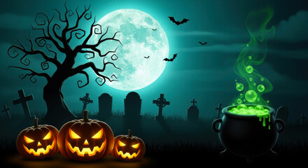Spooky halloween night with a full moon, jackolanterns, and a witchs cauldron bubbling with green potion in a graveyard