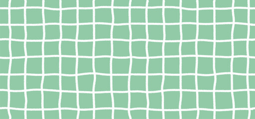 Hand drawn crayon grid seamless pattern. Green checkered mosaic tiles, doodle stripes pastel textures vector design