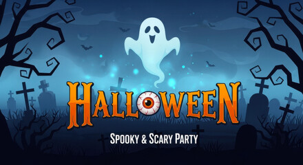 Halloween spooky and scary party title card with a ghost, gravestones, and spooky trees
