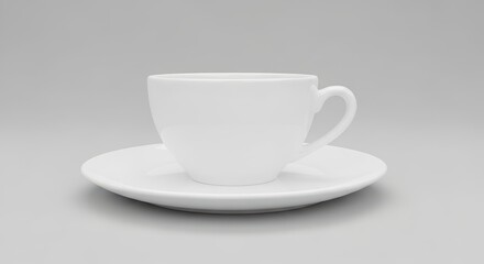 Obraz premium White coffee cup and saucer on gray background. Ceramic mug for hot beverage. Kitchenware and dishware concept.