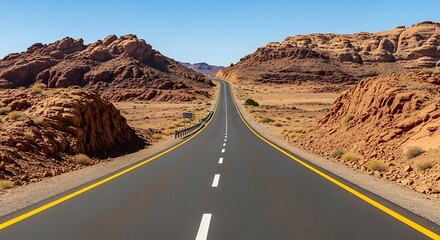 Long desert road stretching into the horizon between rocky mountains under a clear blue sky.