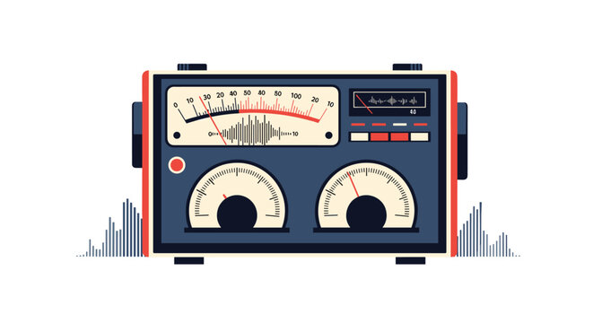 A vintage audio meter with VU meters and level indicators displays sound levels.
