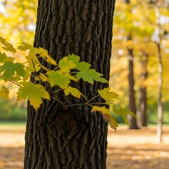 A close-up of a dark tree trunk in a park with a branch of yellow and green maple leaves in the foreground, suggesting the start of autumn