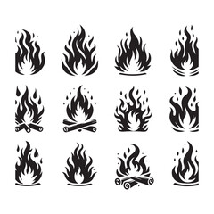 Collection of black stylized flame icons and campfire illustrations on a white background Keywords: fire, flame, icon, symbol, heat, hot, burn, energy, power, danger, warmth, ignition, blaze